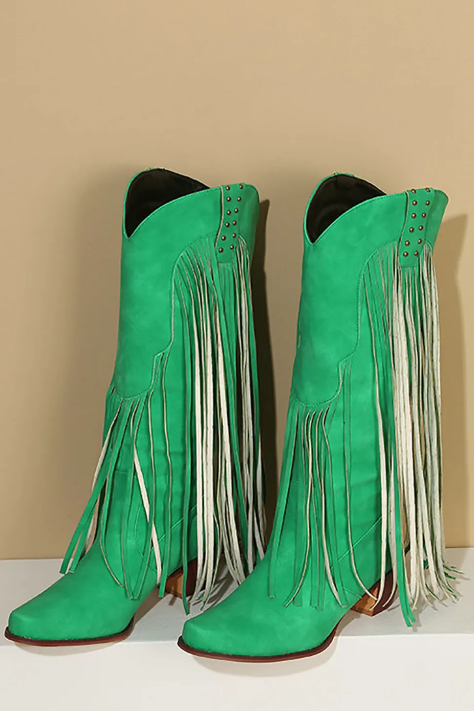 Blue Pointed Toe Madeira Grão Botas de Salto Grosso com Tassel