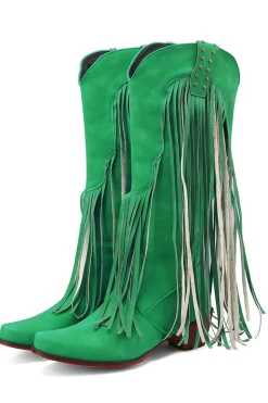Blue Pointed Toe Madeira Grão Botas de Salto Grosso com Tassel