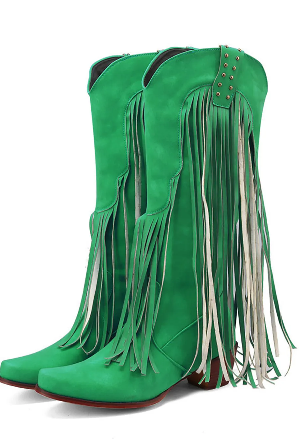 Blue Pointed Toe Madeira Grão Botas de Salto Grosso com Tassel