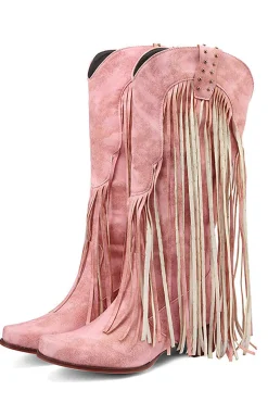 Blue Pointed Toe Madeira Grão Botas de Salto Grosso com Tassel