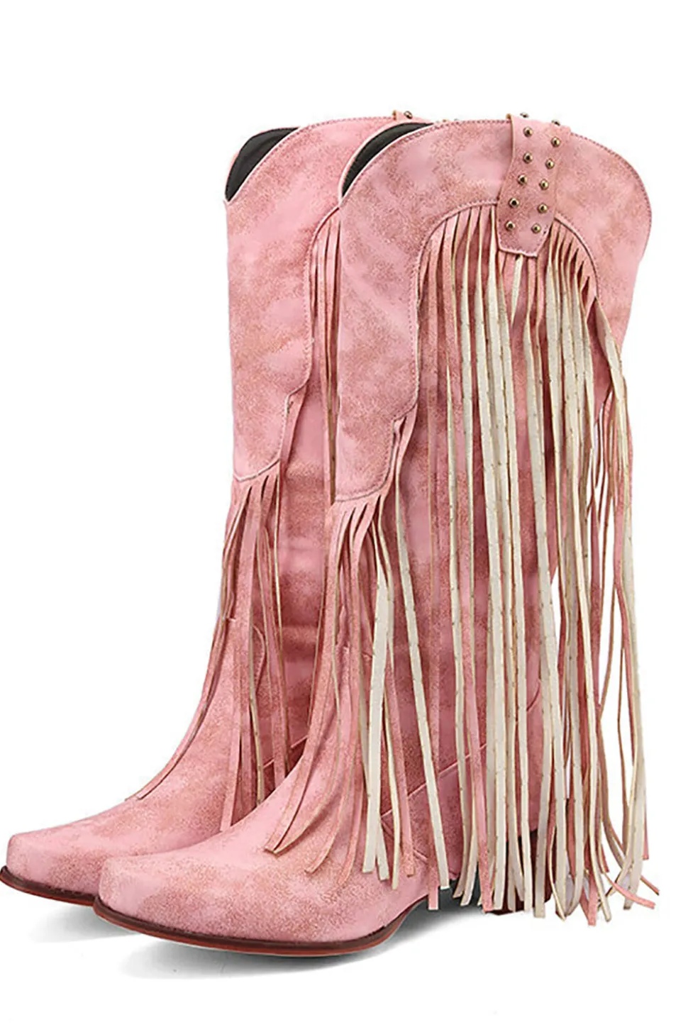Blue Pointed Toe Madeira Grão Botas de Salto Grosso com Tassel