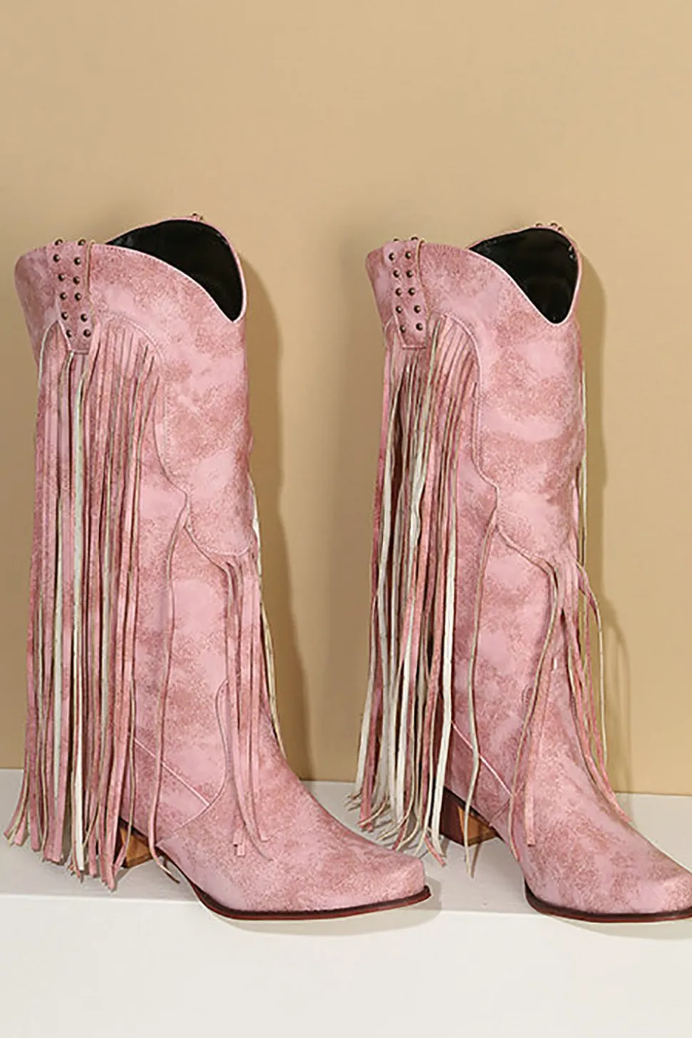 Blue Pointed Toe Madeira Grão Botas de Salto Grosso com Tassel
