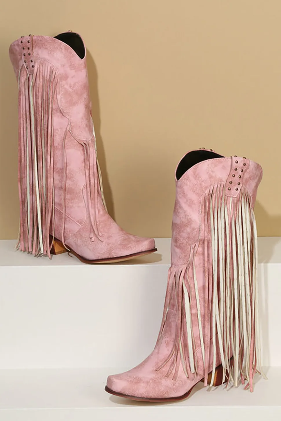 Blue Pointed Toe Madeira Grão Botas de Salto Grosso com Tassel