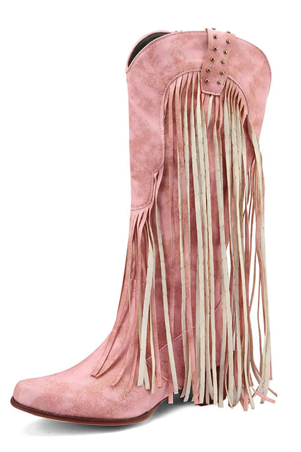 Blue Pointed Toe Madeira Grão Botas de Salto Grosso com Tassel