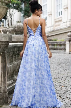 Blue Print Uma Linha Esparguete Correias Plissado Vestido Longo Madrinha com Renda Up Back