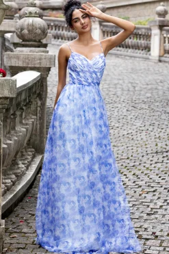 Blue Print Uma Linha Esparguete Correias Plissado Vestido Longo Madrinha com Renda Up Back