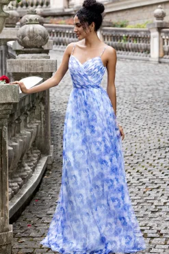 Blue Print Uma Linha Esparguete Correias Plissado Vestido Longo Madrinha com Renda Up Back