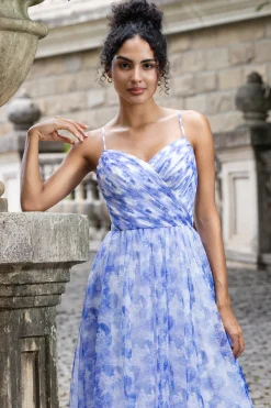Blue Print Uma Linha Esparguete Correias Plissado Vestido Longo Madrinha com Renda Up Back