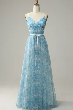 Blue Printed A-Line Tulle Vestido Longo Madrinha