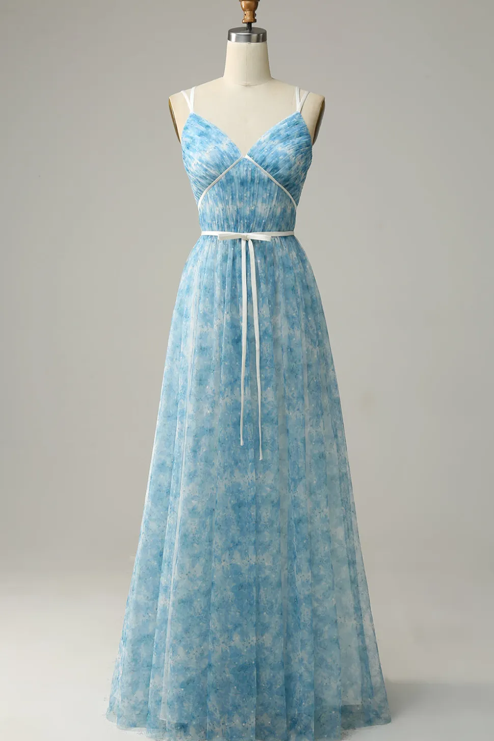 Blue Printed A-Line Tulle Vestido Longo Madrinha