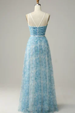 Blue Printed A-Line Tulle Vestido Longo Madrinha