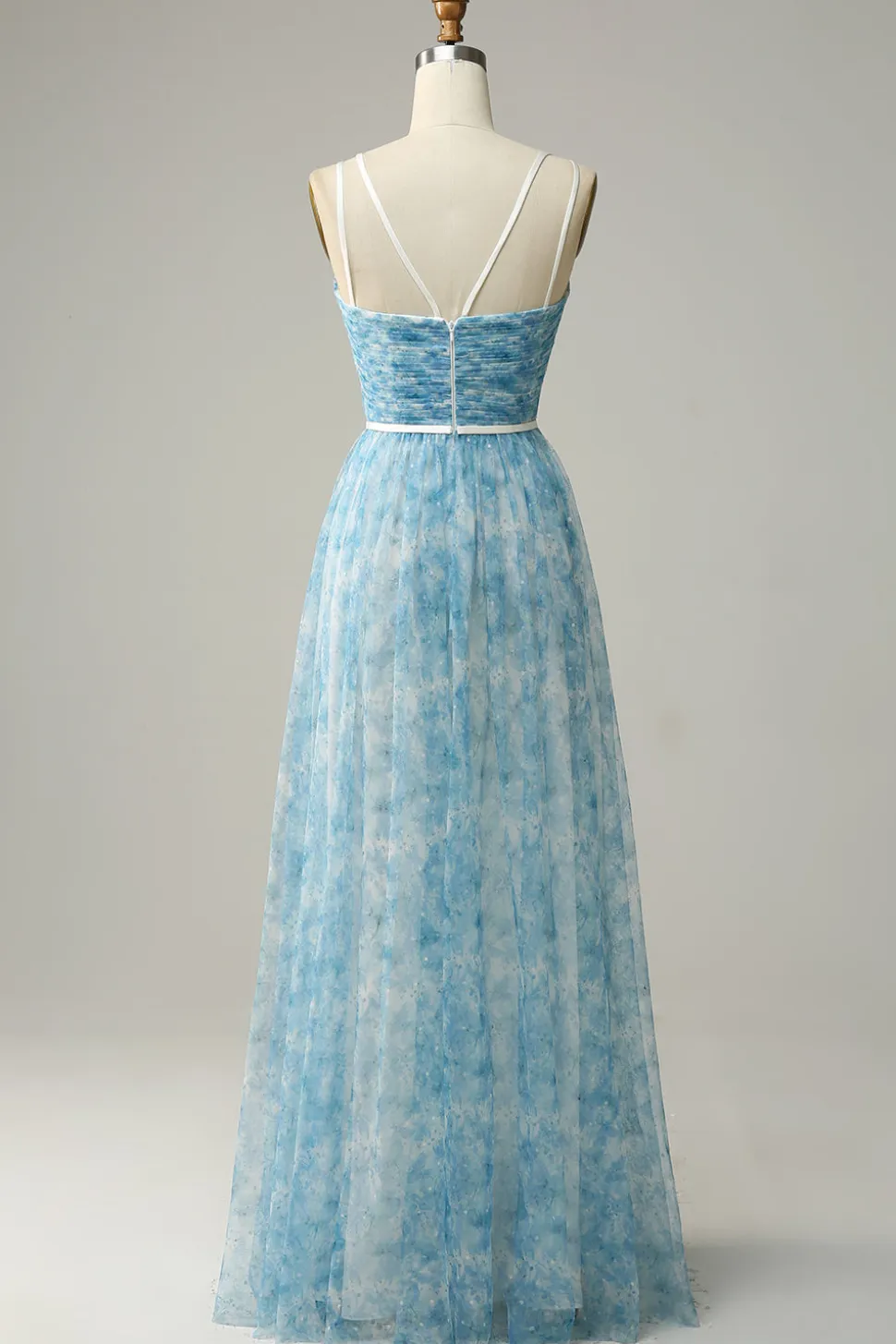 Blue Printed A-Line Tulle Vestido Longo Madrinha