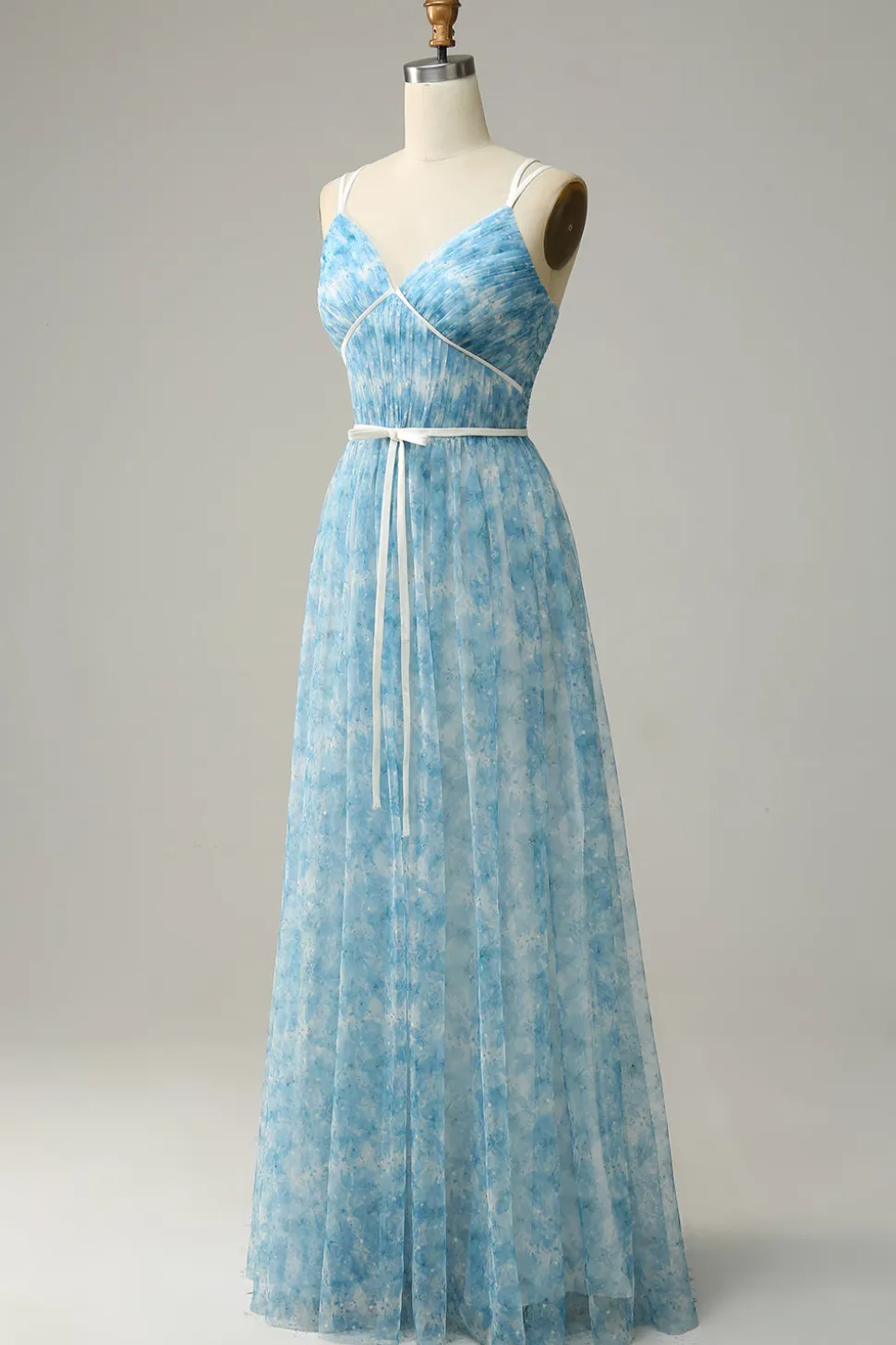 Blue Printed A-Line Tulle Vestido Longo Madrinha