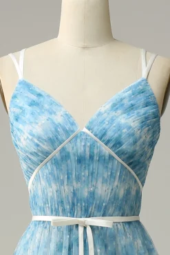 Blue Printed A-Line Tulle Vestido Longo Madrinha