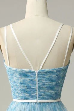 Blue Printed A-Line Tulle Vestido Longo Madrinha
