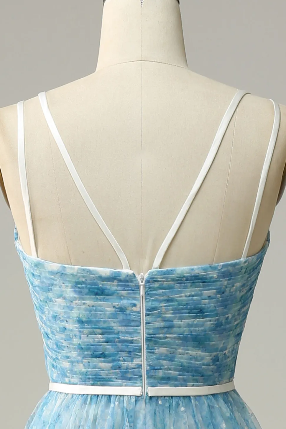 Blue Printed A-Line Tulle Vestido Longo Madrinha