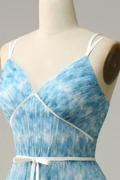 Blue Printed A-Line Tulle Vestido Longo Madrinha