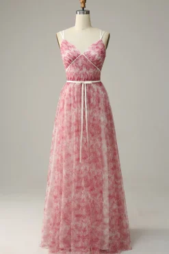 Blue Printed A-Line Tulle Vestido Longo Madrinha
