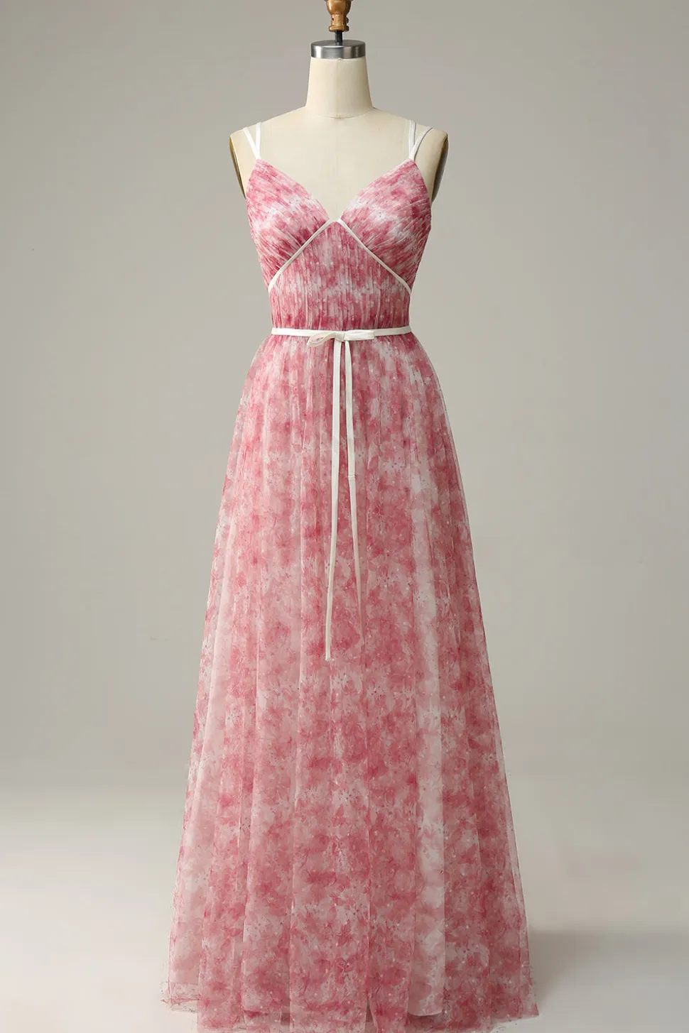 Blue Printed A-Line Tulle Vestido Longo Madrinha