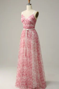 Blue Printed A-Line Tulle Vestido Longo Madrinha