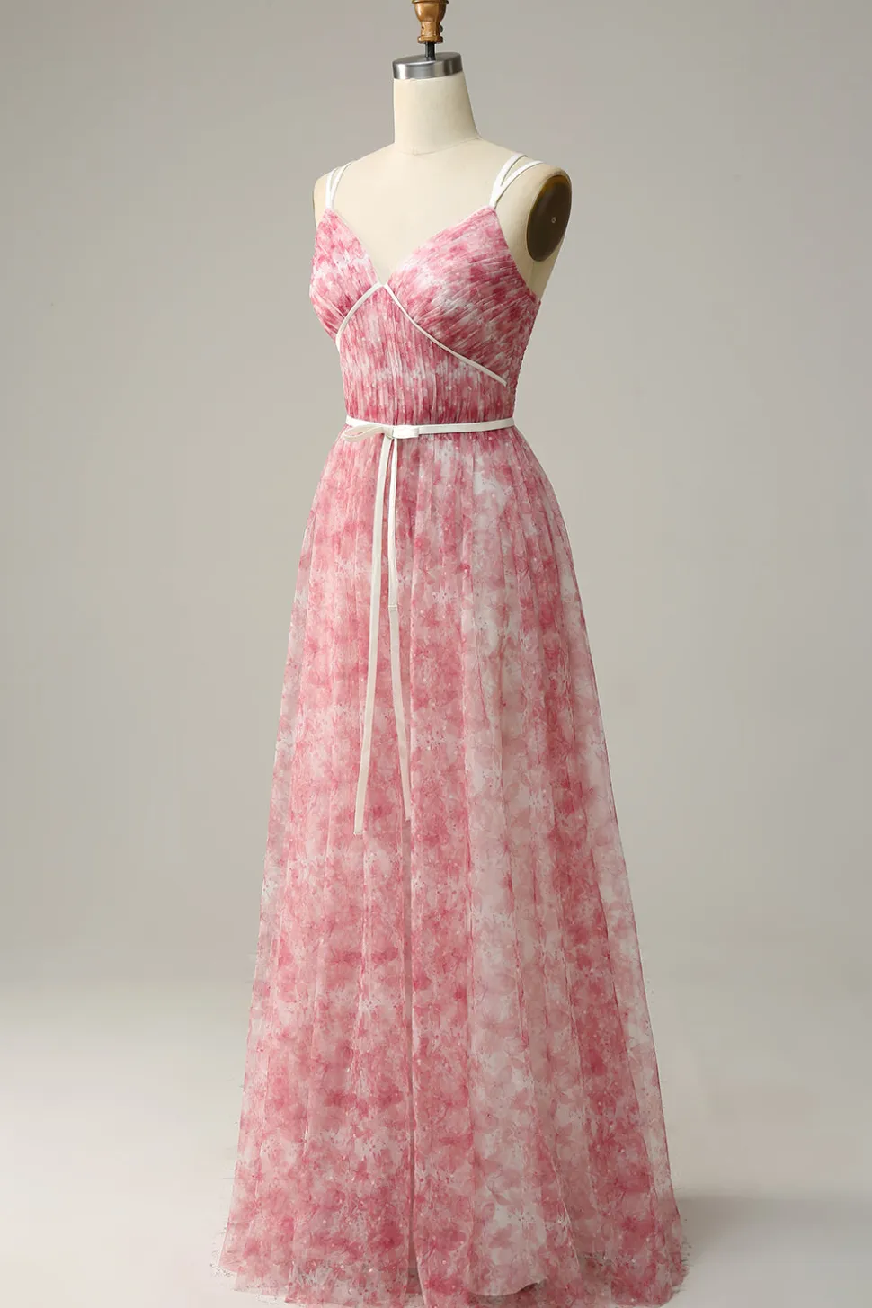 Blue Printed A-Line Tulle Vestido Longo Madrinha