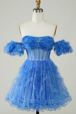Blue Printed mangas destacáveis babados vestido curto Homecoming