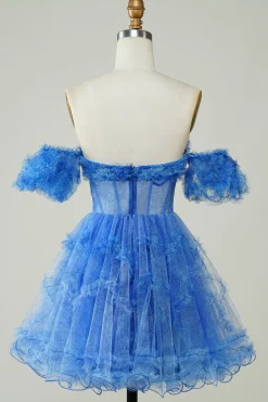 Blue Printed mangas destacáveis babados vestido curto Homecoming