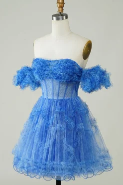 Blue Printed mangas destacáveis babados vestido curto Homecoming