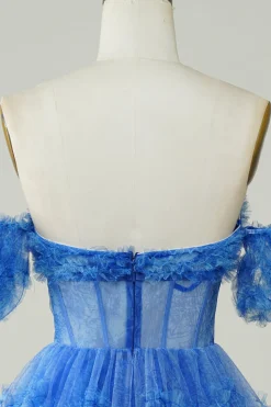 Blue Printed mangas destacáveis babados vestido curto Homecoming