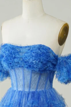 Blue Printed mangas destacáveis babados vestido curto Homecoming