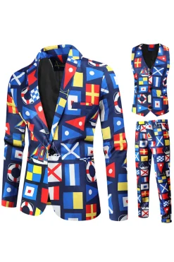 Blue Printed Notched Lapela Homens Ternos de Festa