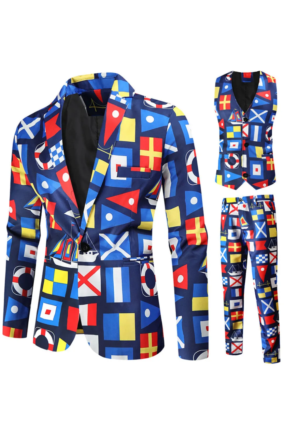 Blue Printed Notched Lapela Homens Ternos de Festa