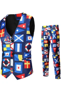 Blue Printed Notched Lapela Homens Ternos de Festa