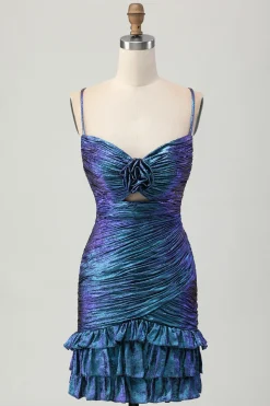 Blue roxo Ruched Cut out babados metálicos Homecoming Dress