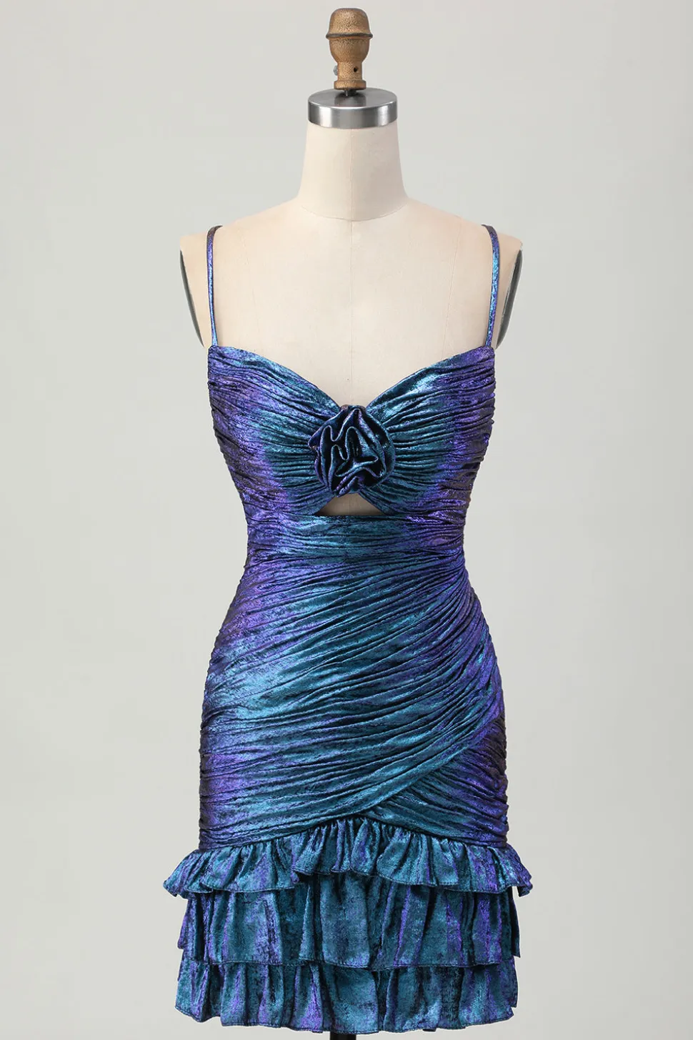 Blue roxo Ruched Cut out babados metálicos Homecoming Dress