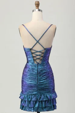 Blue roxo Ruched Cut out babados metálicos Homecoming Dress