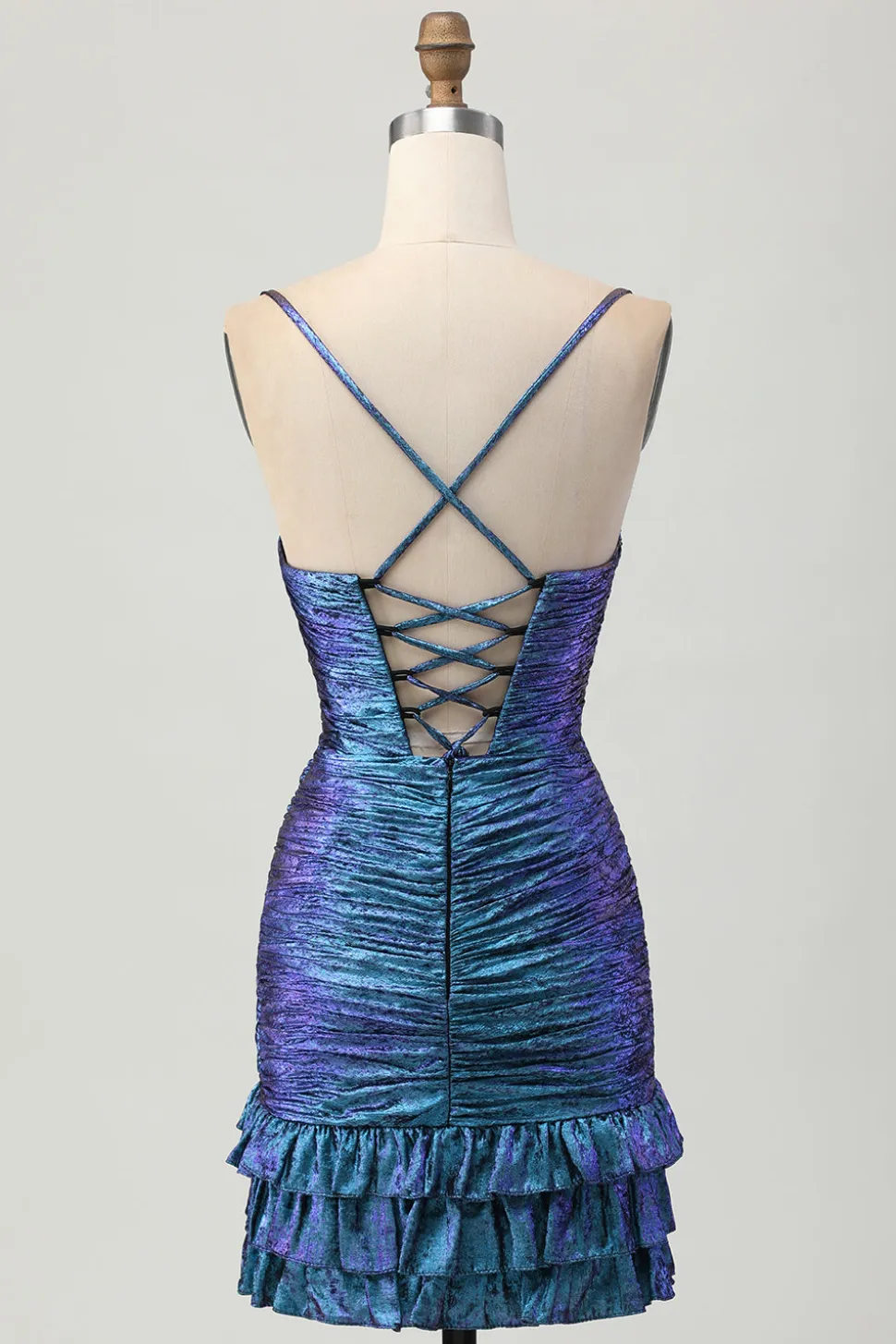Blue roxo Ruched Cut out babados metálicos Homecoming Dress