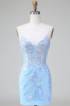Blue Sequins Corset Open Back Vestido Curto de Regresso a Casa com Bordado
