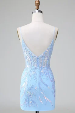 Blue Sequins Corset Open Back Vestido Curto de Regresso a Casa com Bordado