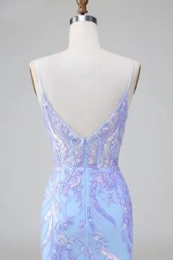 Blue Sequins Corset Open Back Vestido Curto de Regresso a Casa com Bordado