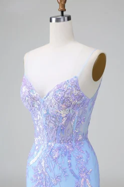 Blue Sequins Corset Open Back Vestido Curto de Regresso a Casa com Bordado