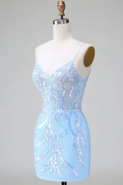 Blue Sequins Corset Open Back Vestido Curto de Regresso a Casa com Bordado
