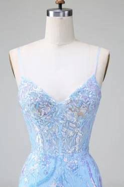 Blue Sequins Corset Open Back Vestido Curto de Regresso a Casa com Bordado
