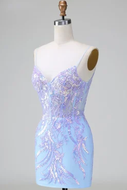 Blue Sequins Corset Open Back Vestido Curto de Regresso a Casa com Bordado