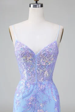 Blue Sequins Corset Open Back Vestido Curto de Regresso a Casa com Bordado