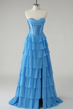 Blue Sweetheart babado uma linha longo vestido de baile