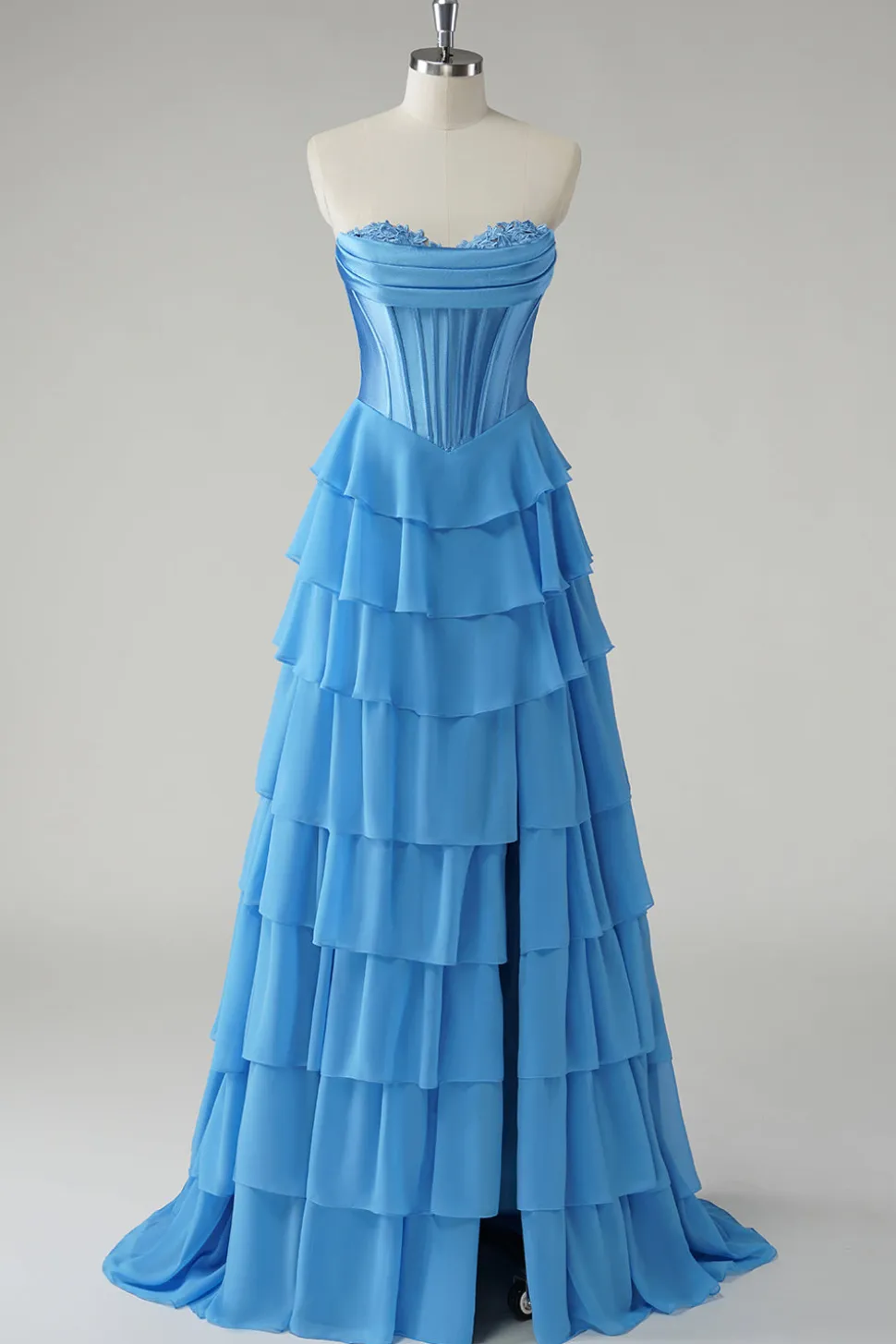 Blue Sweetheart babado uma linha longo vestido de baile