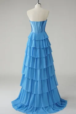 Blue Sweetheart babado uma linha longo vestido de baile