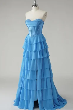 Blue Sweetheart babado uma linha longo vestido de baile
