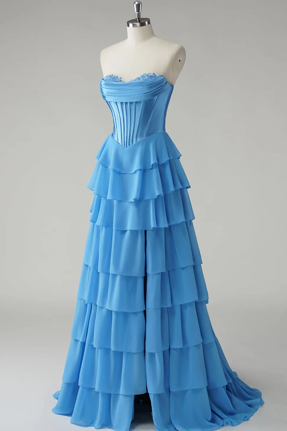 Blue Sweetheart babado uma linha longo vestido de baile